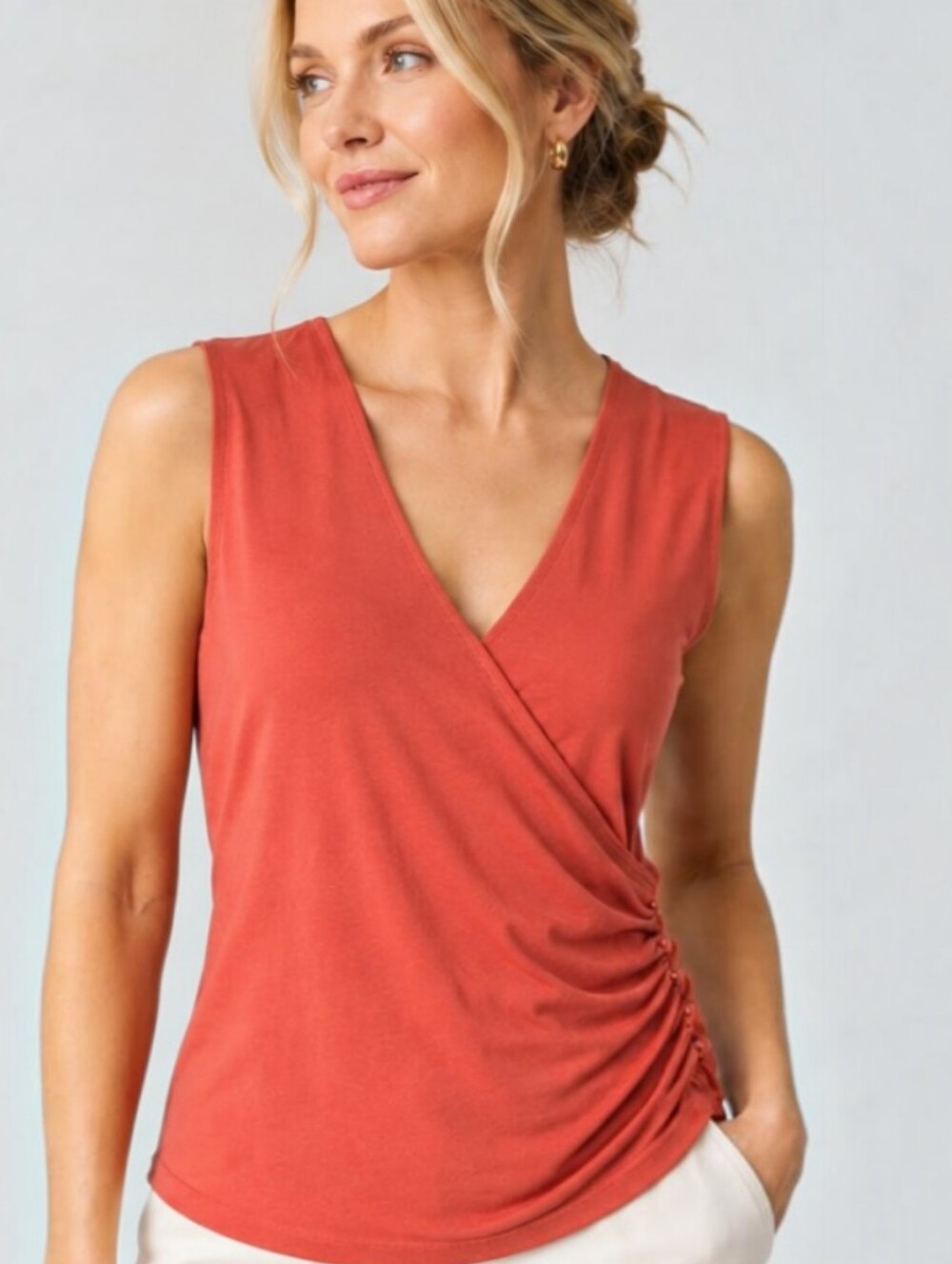 Ann Taylor Faux Wrap Sleeveless Top – Coral Silk Blend – Size Medium